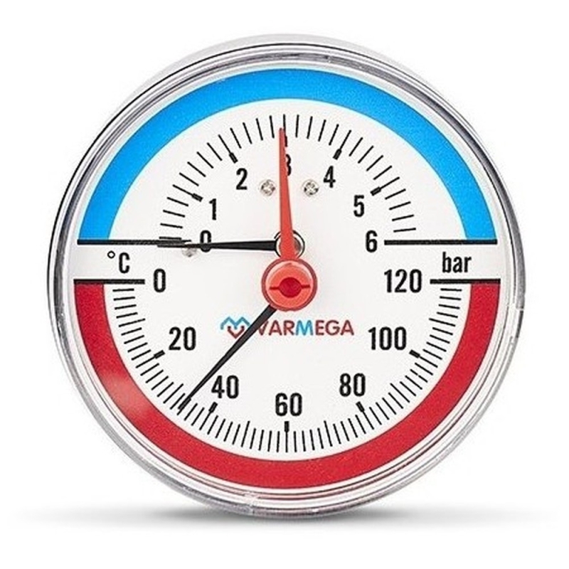Термоманометр VARMEGA аксиальный 80 мм, 6 бар, 120гр.С, 1/2