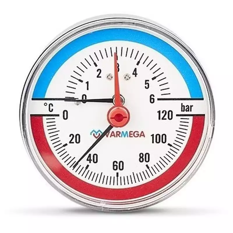 Термоманометр VARMEGA аксиальный 80 мм, 6 бар, 120гр.С, 1/2