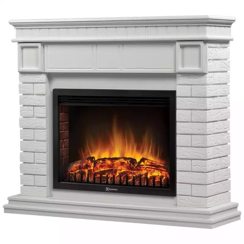 Каминокомплект: Очаг Electrolux EFP/P-2520LS N, портал Bricks 25 камень белый, белая эмаль