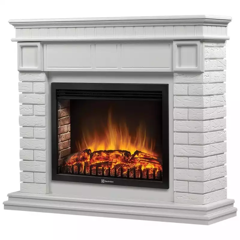 Каминокомплект: Очаг Electrolux EFP/P-3020LS N, портал Bricks 30 камень белый, белая эмаль